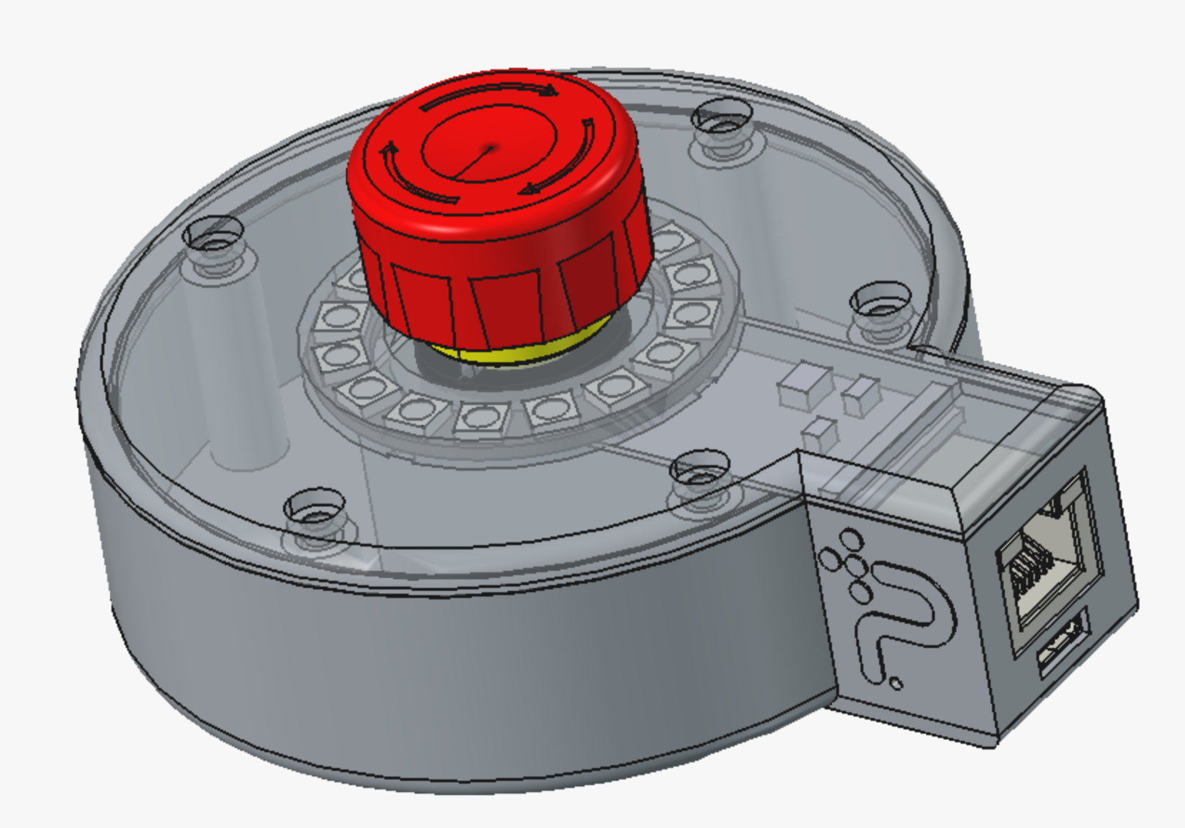 CAD render: E-stop button over the 16-LED ring, ports in the side pod