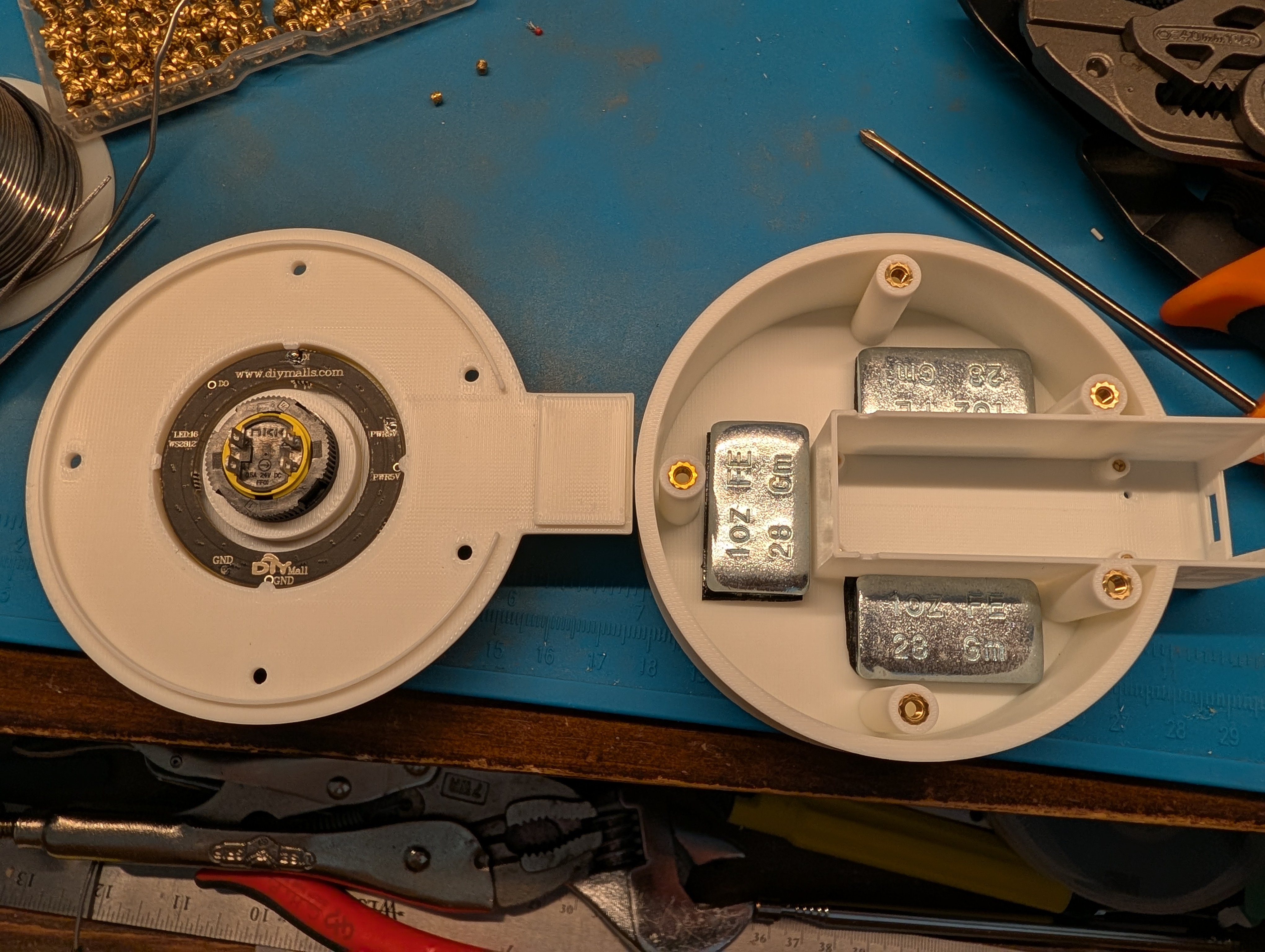 Lid underside with the E-stop button and LED ring installed